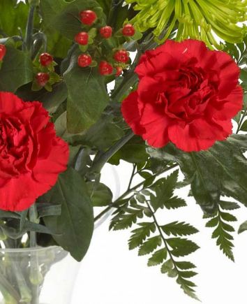 Букет красных гвоздик и зеленых хризантем