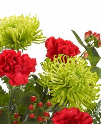 Букет красных гвоздик и зеленых хризантем
